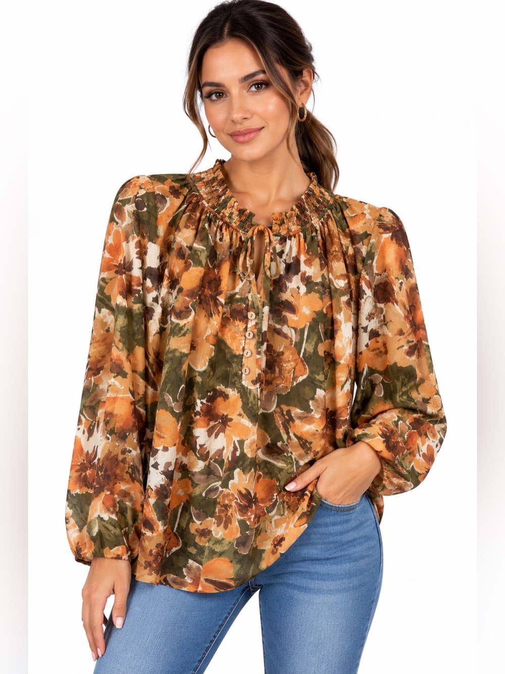 Smocked Neck Floral Blouse in Olive & Rust